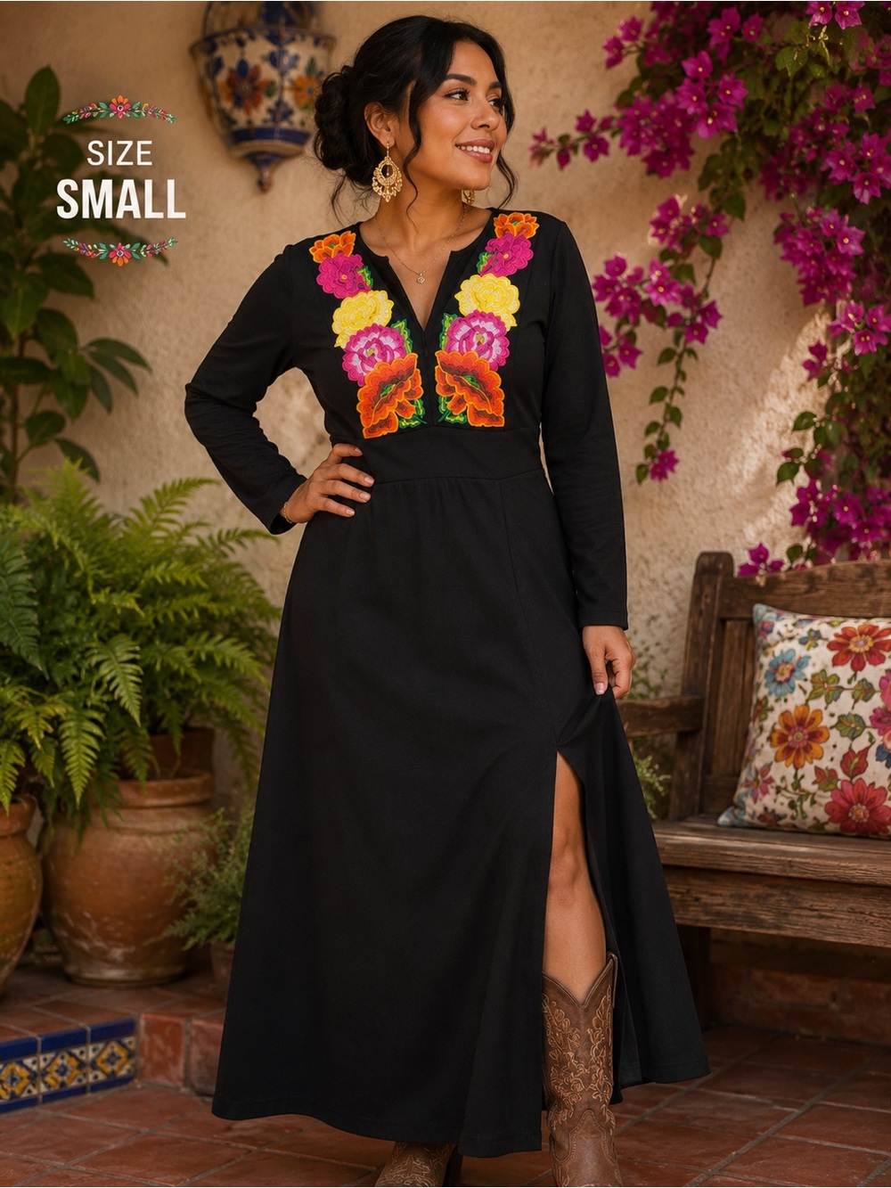 MEXICANA Black Maxi Dress with Bright Floral Embroidery